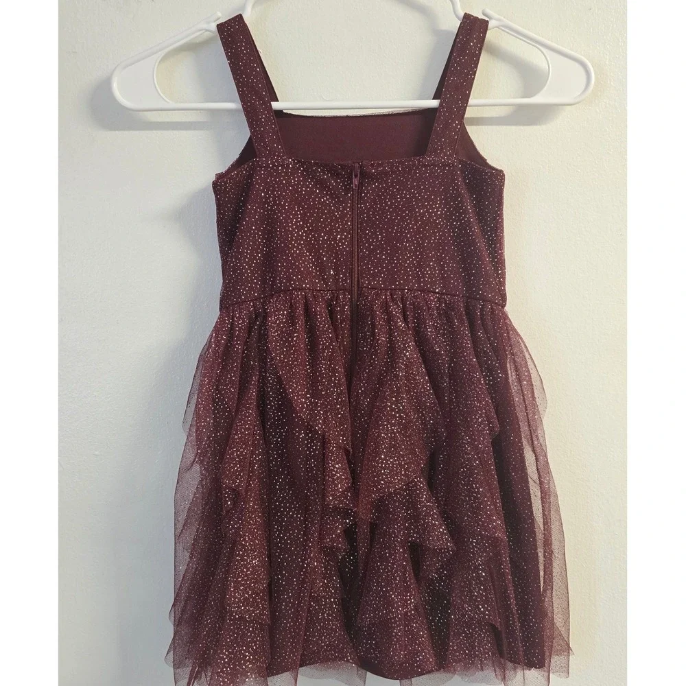 The Childrens Place Girls Burgundy Glitter Tulle Ruffle Party Dress Size 4 XS
